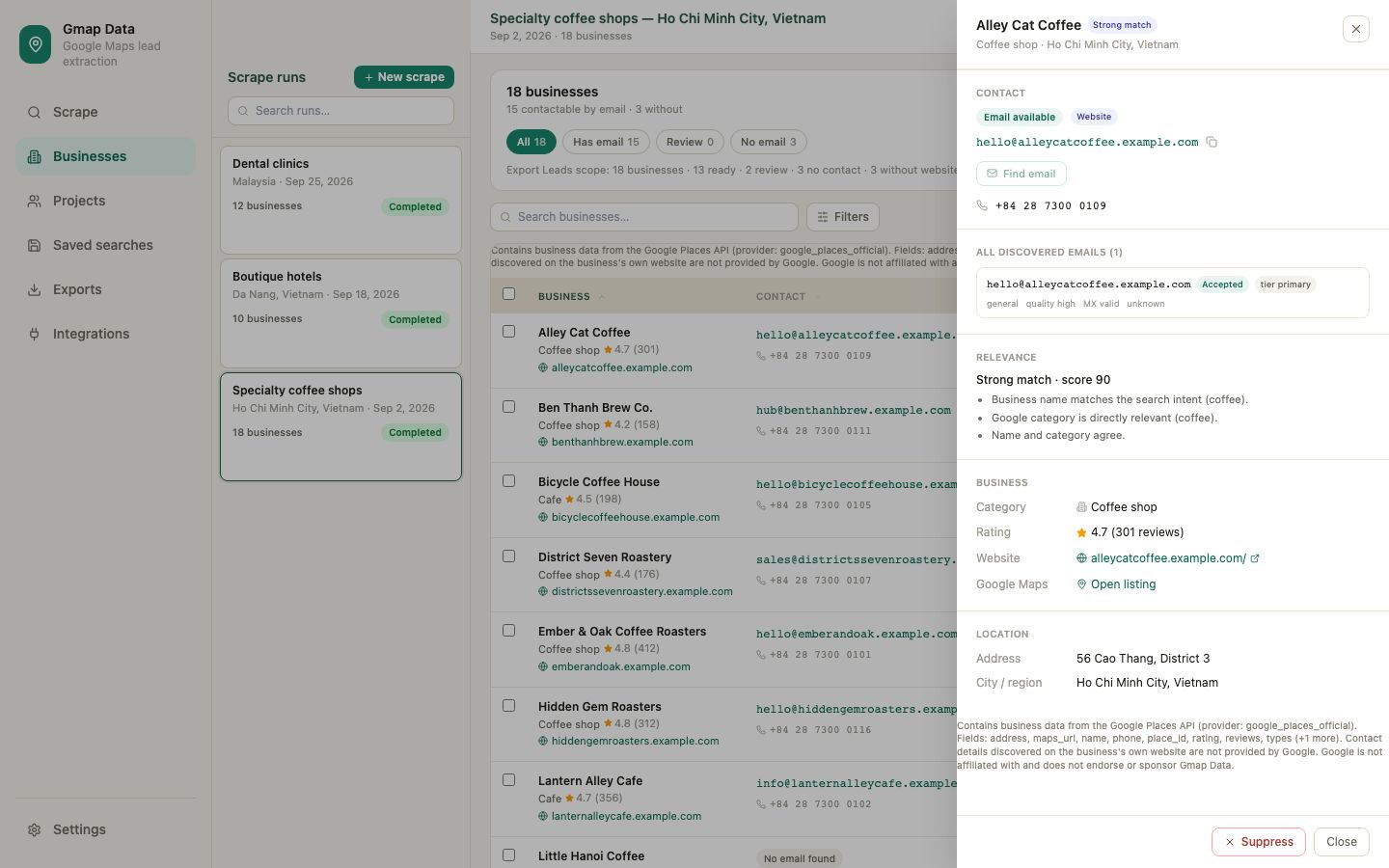 Gmap Data contact detail panel showing an accepted email with its discovery source, quality class, mailbox status and relevance
