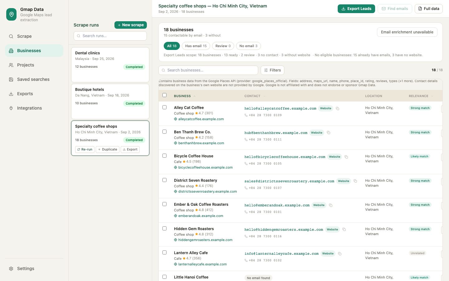 Gmap Data Businesses table with the Export Leads action visible above rows of saved businesses