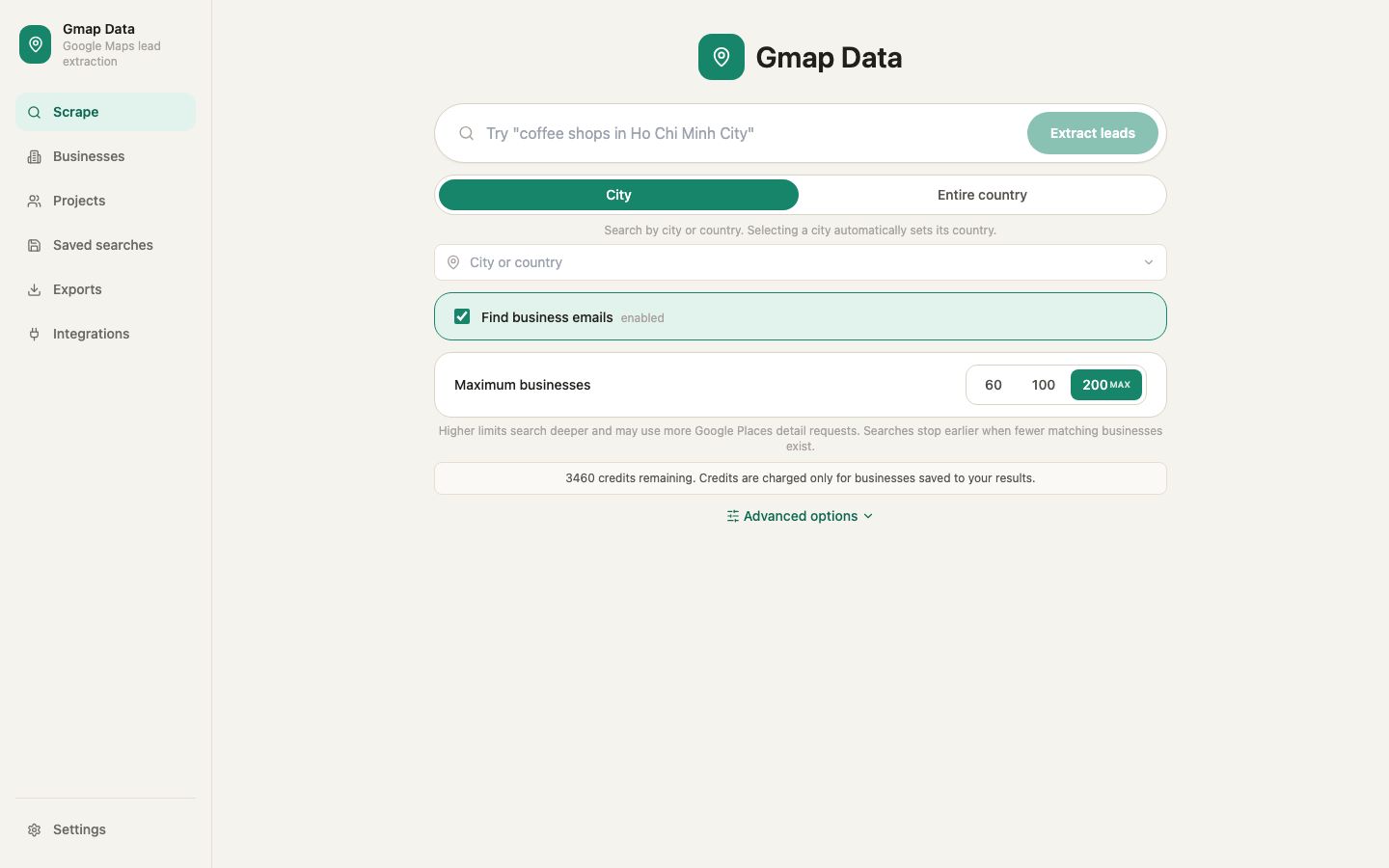 Gmap Data scrape form with keyword, city or country scope, email enrichment toggle and the credit line