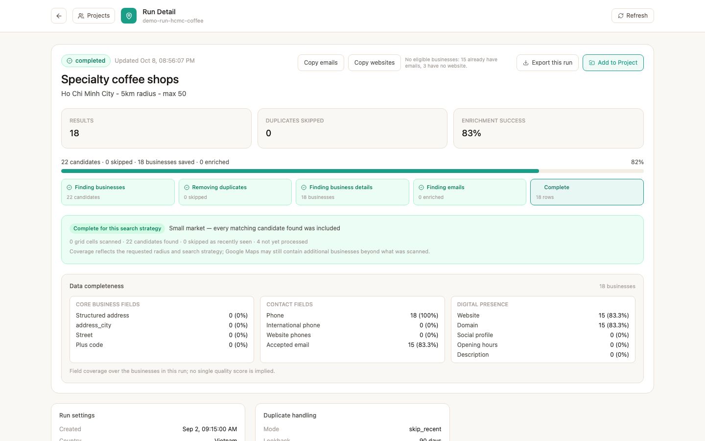 Gmap Data run detail page showing results, duplicates skipped, enrichment success and data completeness for a search run